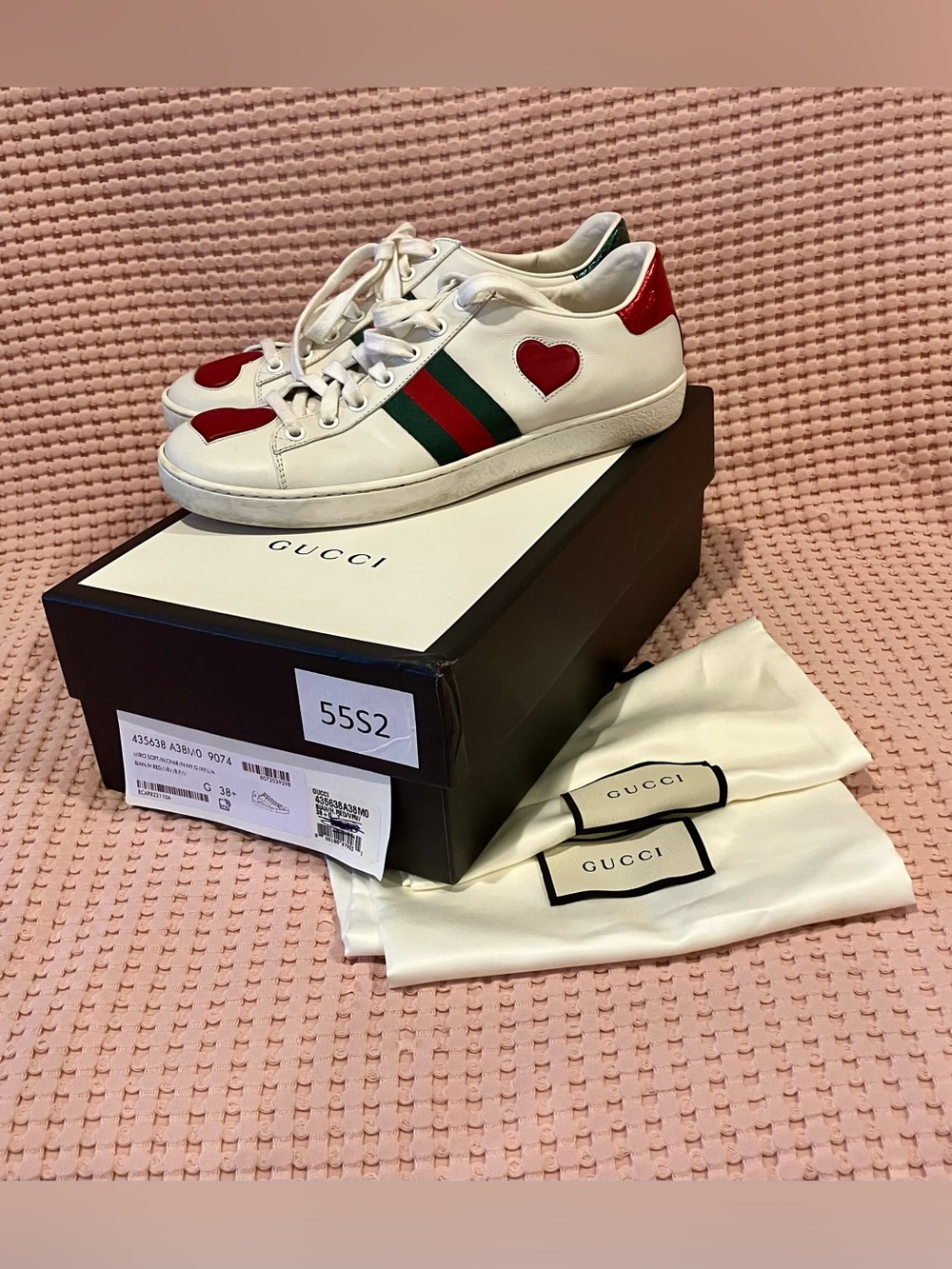 Gucci White Leather Sneakers with Red Hearts and Green-Red Stripe